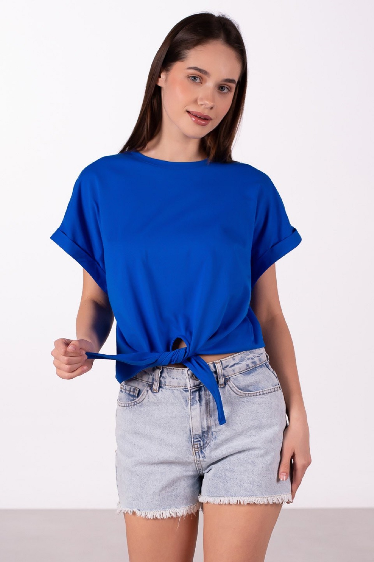 Bisiklet Yaka Double Kol %100 Pamuk Rahat Form Önü Bağlamalı T-Shirt