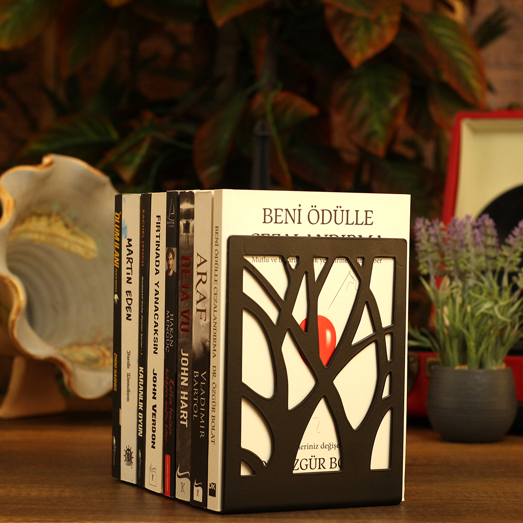 Ağaç Desenli Metal Kitap Desteği - Kitap Tutucu - Ev ve Ofis Dekoratif Aksesuar( 2 Li Set) Siyah