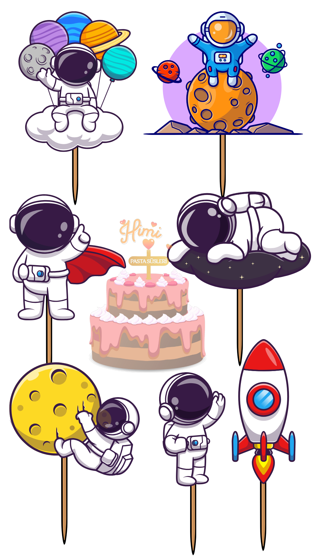 Astronot Uzay Doğum Günü Kız Erkek Çocuk Maket Pasta Kürdanı Pasta Süsleri Cupcake Kürdan Süsleri M25