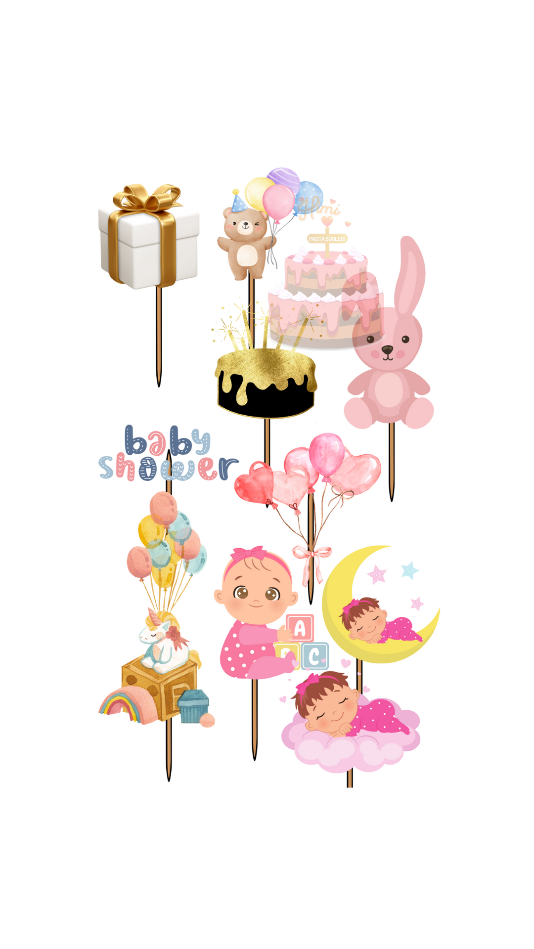 Baby Shower Doğum Günü Kız Erkek Çocuk Maket Pasta Kürdanı Pasta Süsleri Cupcake Kürdan Süsler M18