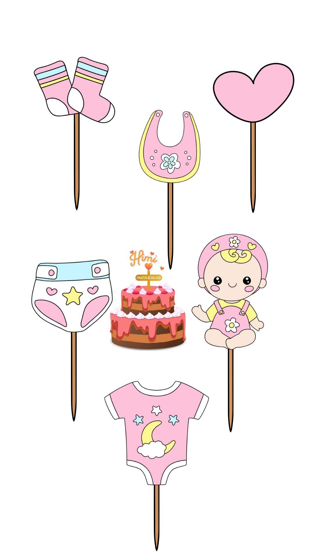 Baby Shower Doğum Günü Kız Erkek Çocuk Maket Pasta Kürdanı Pasta Süsleri Cupcake Kürdan Süsleri M23