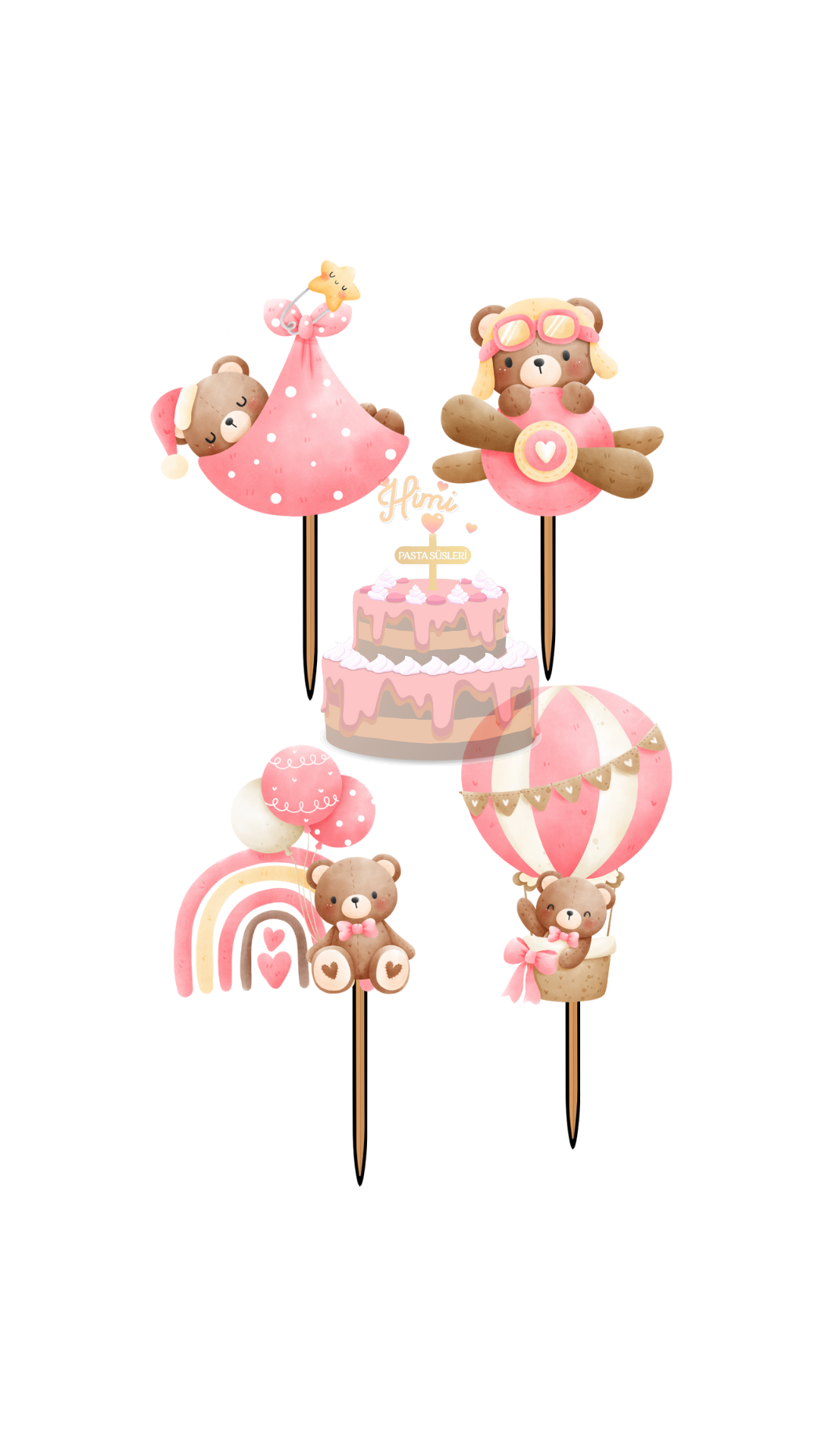 Ayıcık Modeli Kız Çocuk Pasta Kürdanı Pasta Süsleri Cupcake Süsleri Kağıt Pasta Süsleri M1