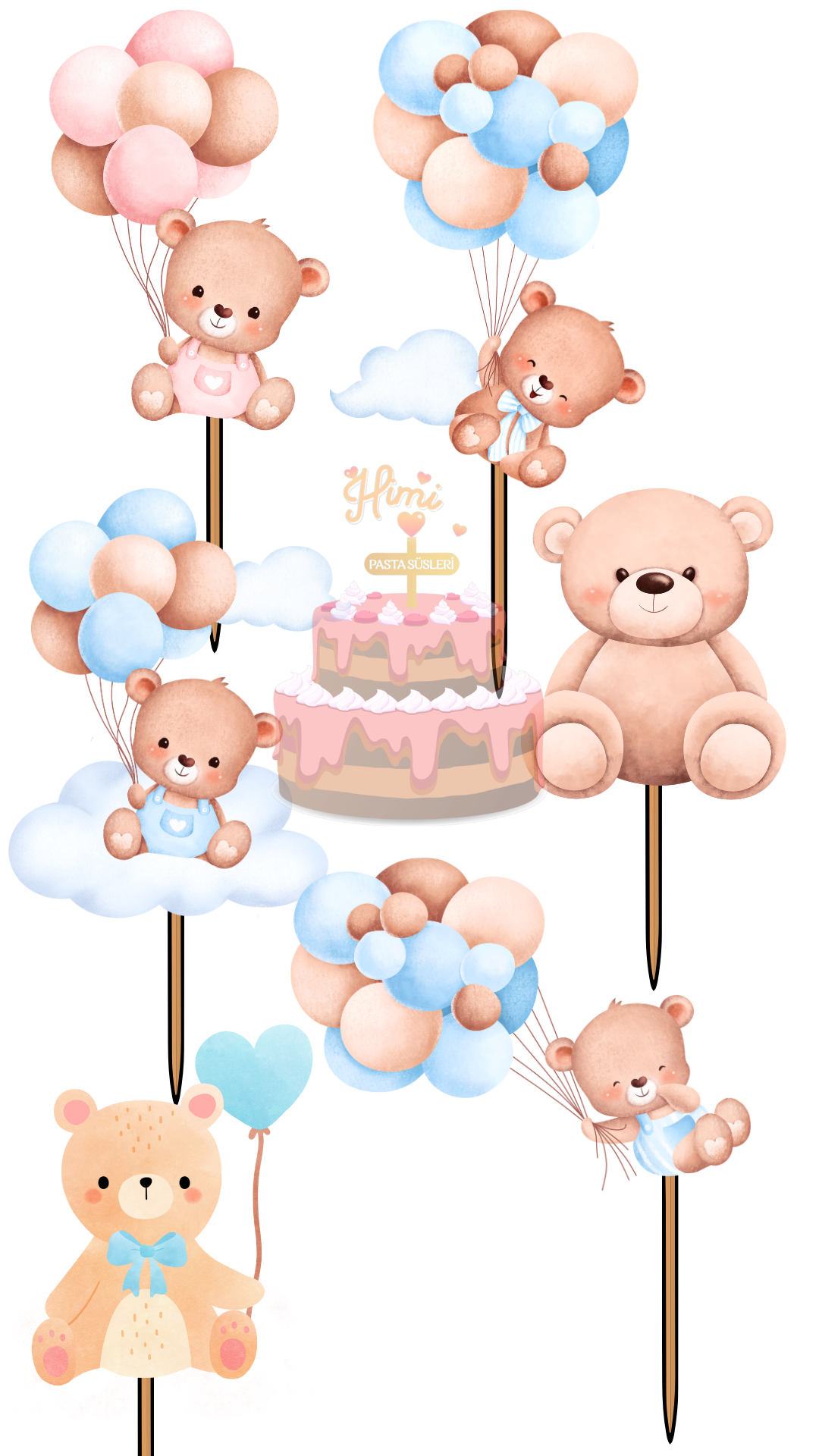 Balonlu Ayıcık Doğum Günü Pasta Süsleri Kız Erkek Çocuk Maket Pasta Kürdanı Cupcake Kürdan Süsü M63