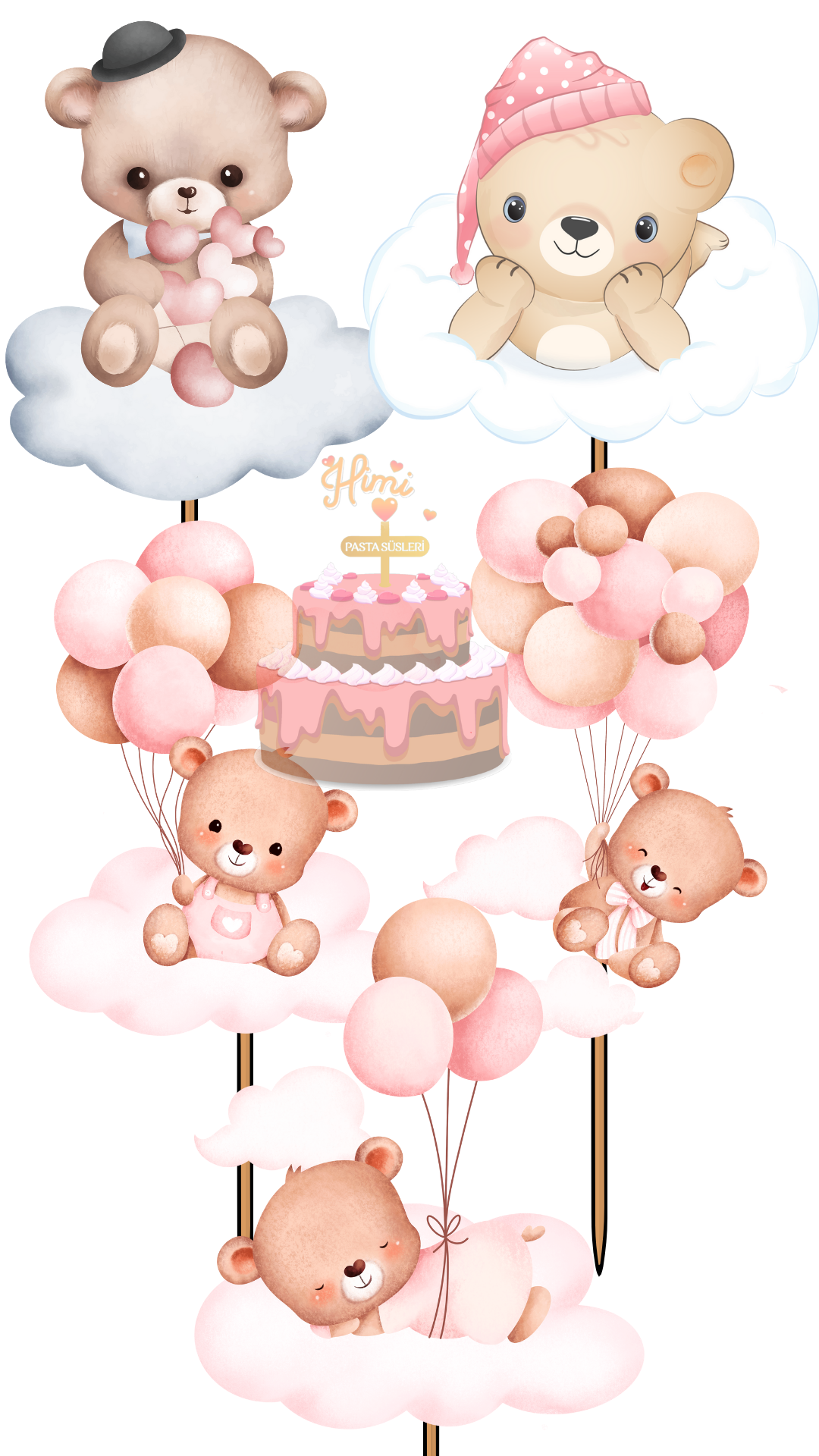 Bulutlu Ayıcık Set Doğum Günü Pasta Süsleri Kız Erkek Çocuk Maket Pasta Kürdanı Cupcake Kürdan Süsü M68