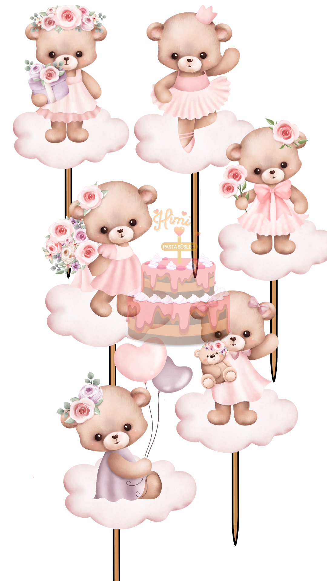 Bulutlu Ayıcık Set Doğum Günü Pasta Süsleri Kız Erkek Çocuk Maket Pasta Kürdanı Cupcake Kürdan Süsü M69