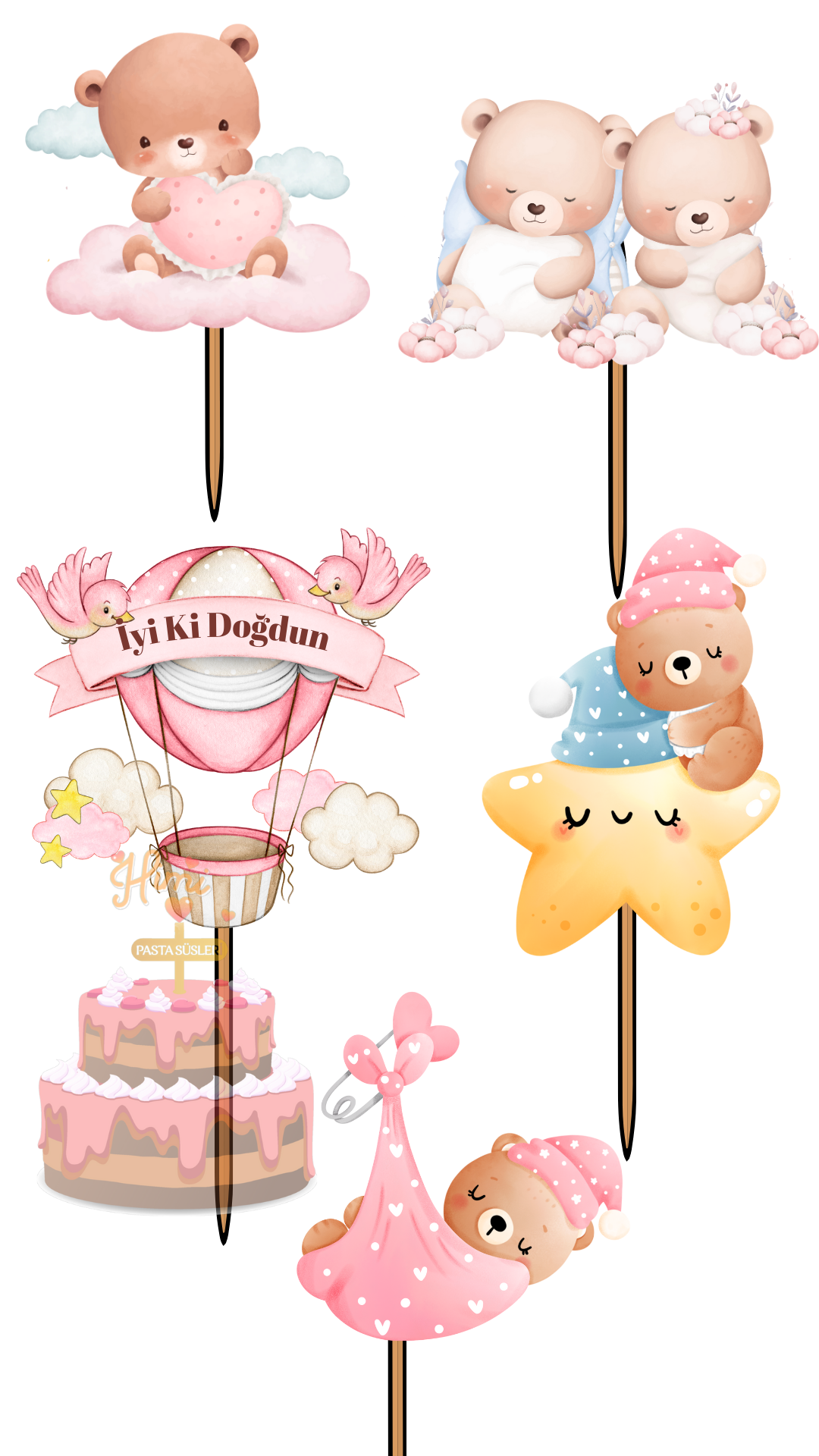 Balonlu Ayıcık Set Doğum Günü Pasta Süsleri Kız Erkek Çocuk Maket Pasta Kürdanı Cupcake Kürdan Süsü M66