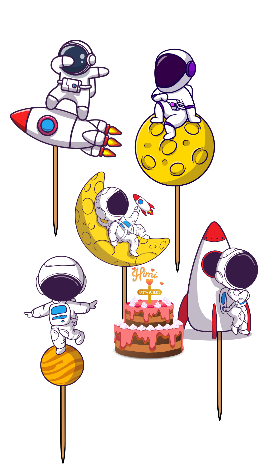 Astronot Uzay Doğum Günü Kız Erkek Çocuk Maket Pasta Kürdanı Pasta Süsleri Cupcake Kürdan Süsleri M24