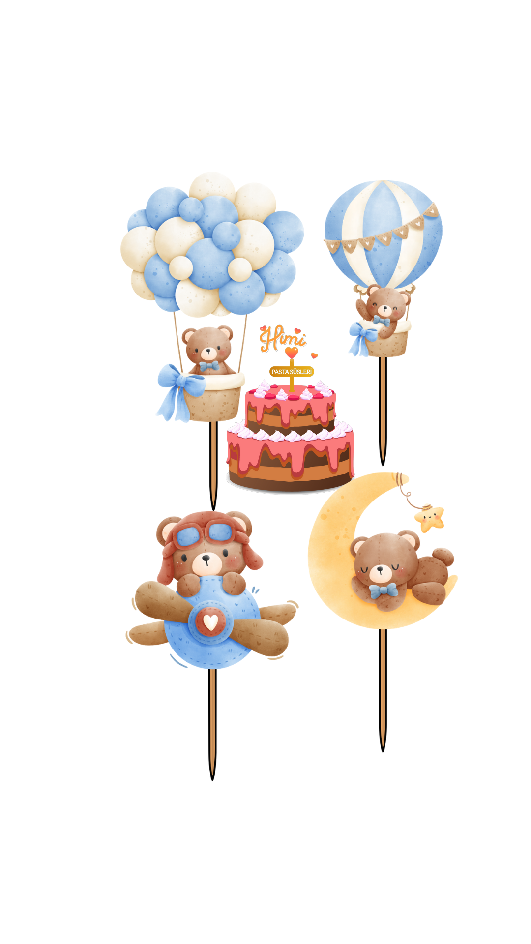 Uçan Balonlu Ayıcıklar Erkek Çocuk Pasta Kürdanı Pasta Süsleri Cupcake Süsleri Kağıt Pasta Süsleri M3