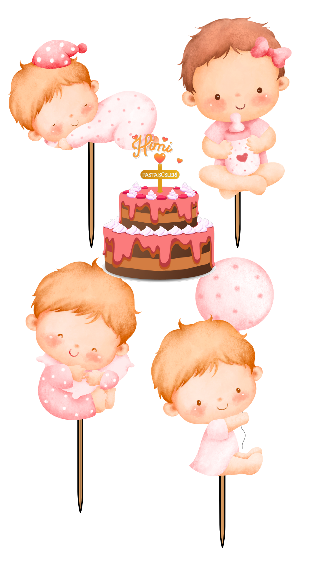 İlk Yaş Doğum Günü Pasta Süsleri Kız Erkek Çocuk Maket Pasta Kürdanı Cupcake Kürdan Süsleri M42