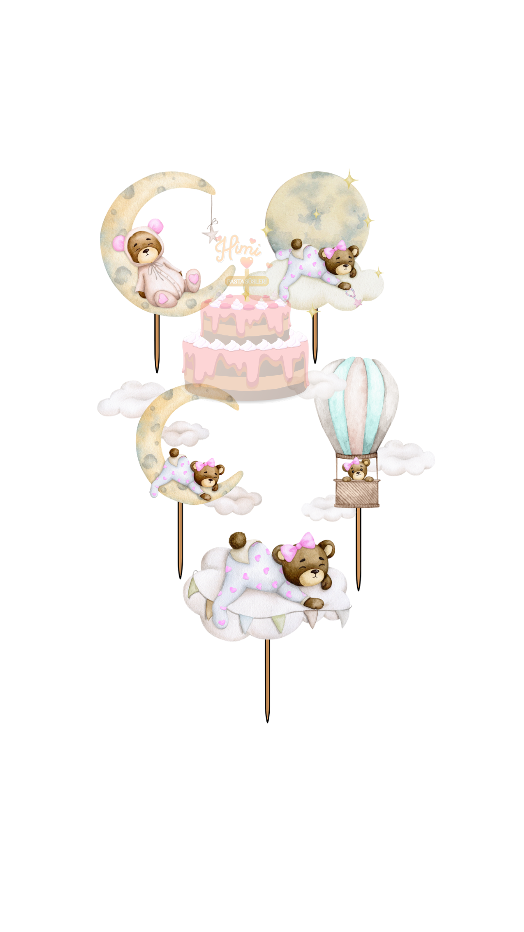 Sevimli Ayıcıklar Doğum Günü Kız Erkek Çocuk Maket Pasta Kürdanı Pasta Süsleri Cupcake Kürdan Süsler M11