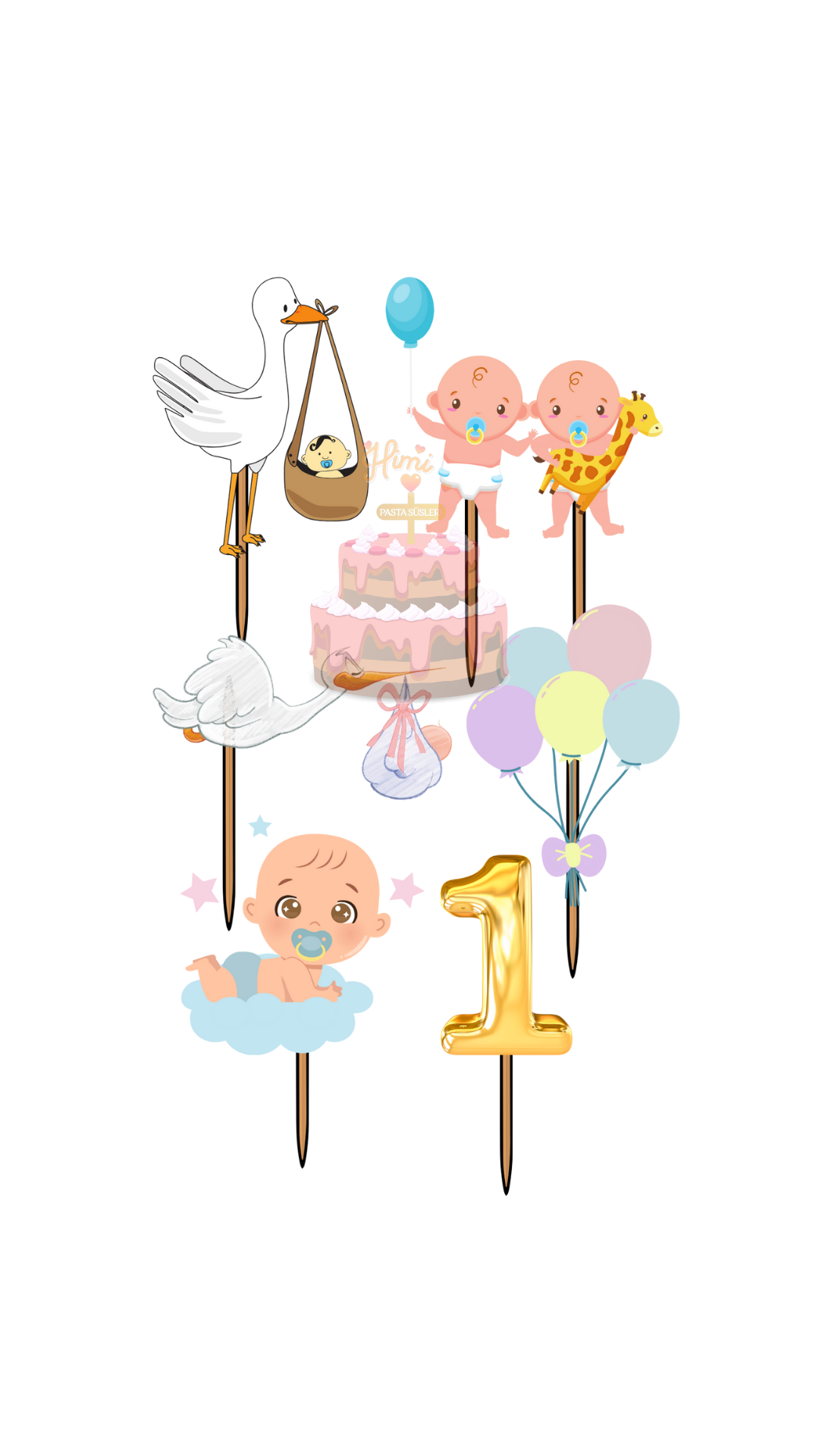 1 Yaş Partisi Doğum Günü Kız Erkek Çocuk Pasta Kürdanı Pasta Süsleri Cupcake Süsleri M8
