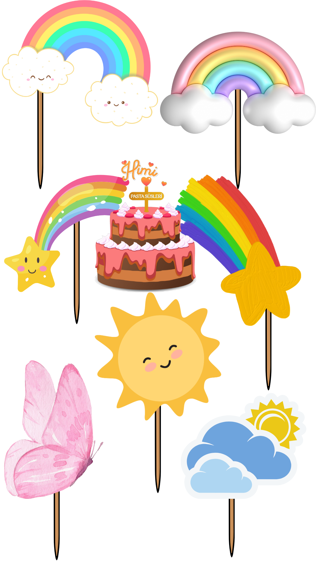 Gök Kuşağı Doğum Günü Pasta Süsleri Kız Erkek Çocuk Maket Pasta Kürdanı Cupcake Kürdan Süsü M59