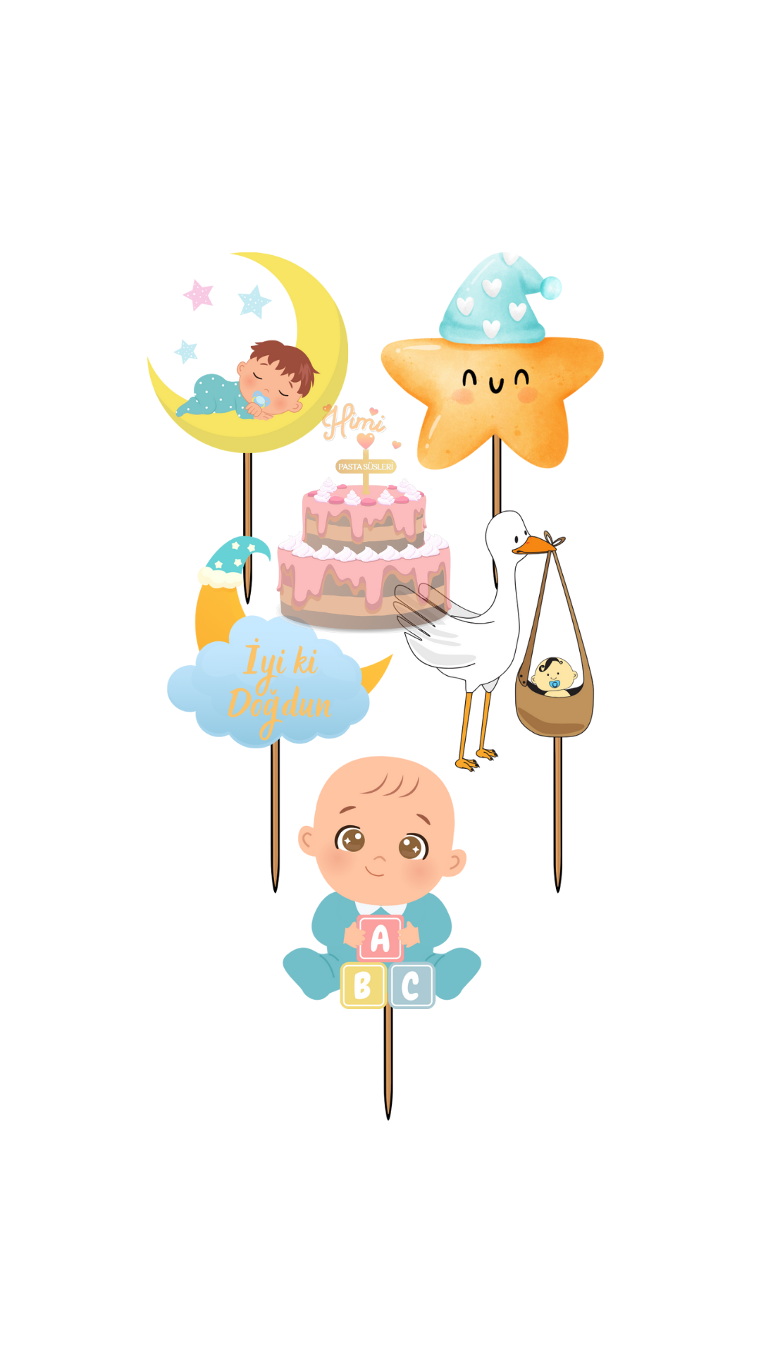 Baby Shower Doğum Günü Kız Erkek Çocuk Maket Pasta Kürdanı Pasta Süsleri Cupcake Kürdan Süsler M16