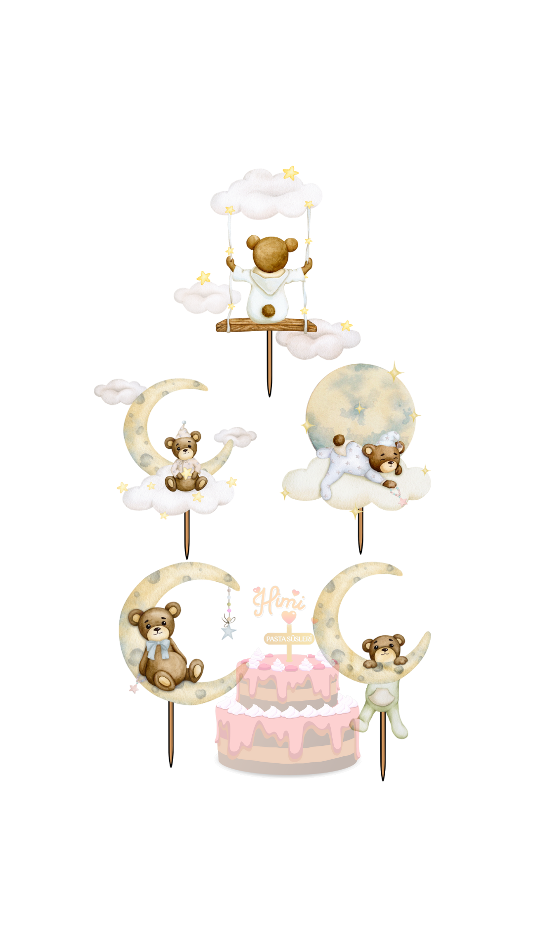 Sevimli Ayıcıklar Doğum Günü Kız Erkek Çocuk Maket Pasta Kürdanı Pasta Süsleri Cupcake Kürdan Süsler M10