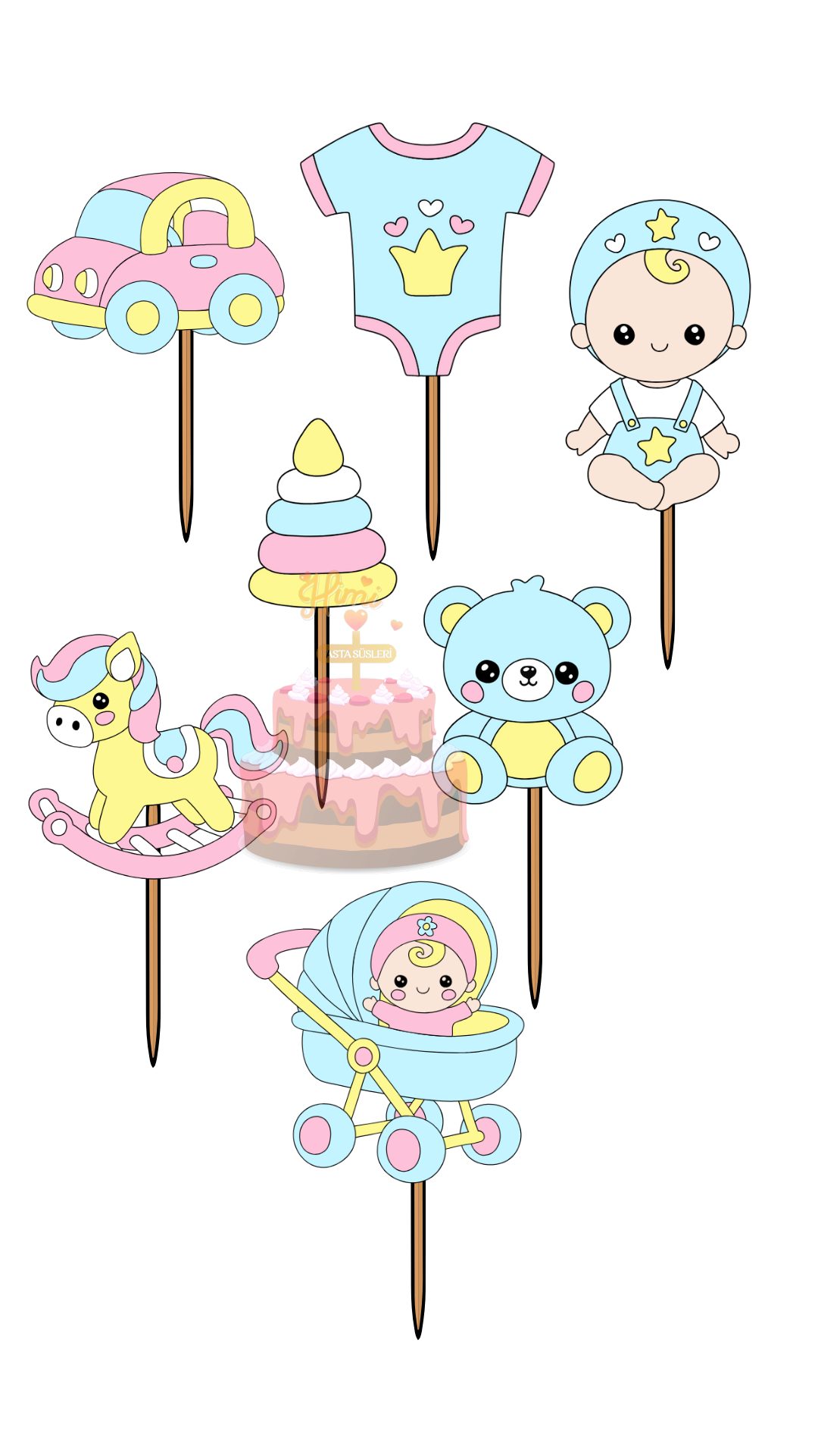 Baby Shower Doğum Günü Kız Erkek Çocuk Maket Pasta Kürdanı Pasta Süsleri Cupcake Kürdan Süsleri M22