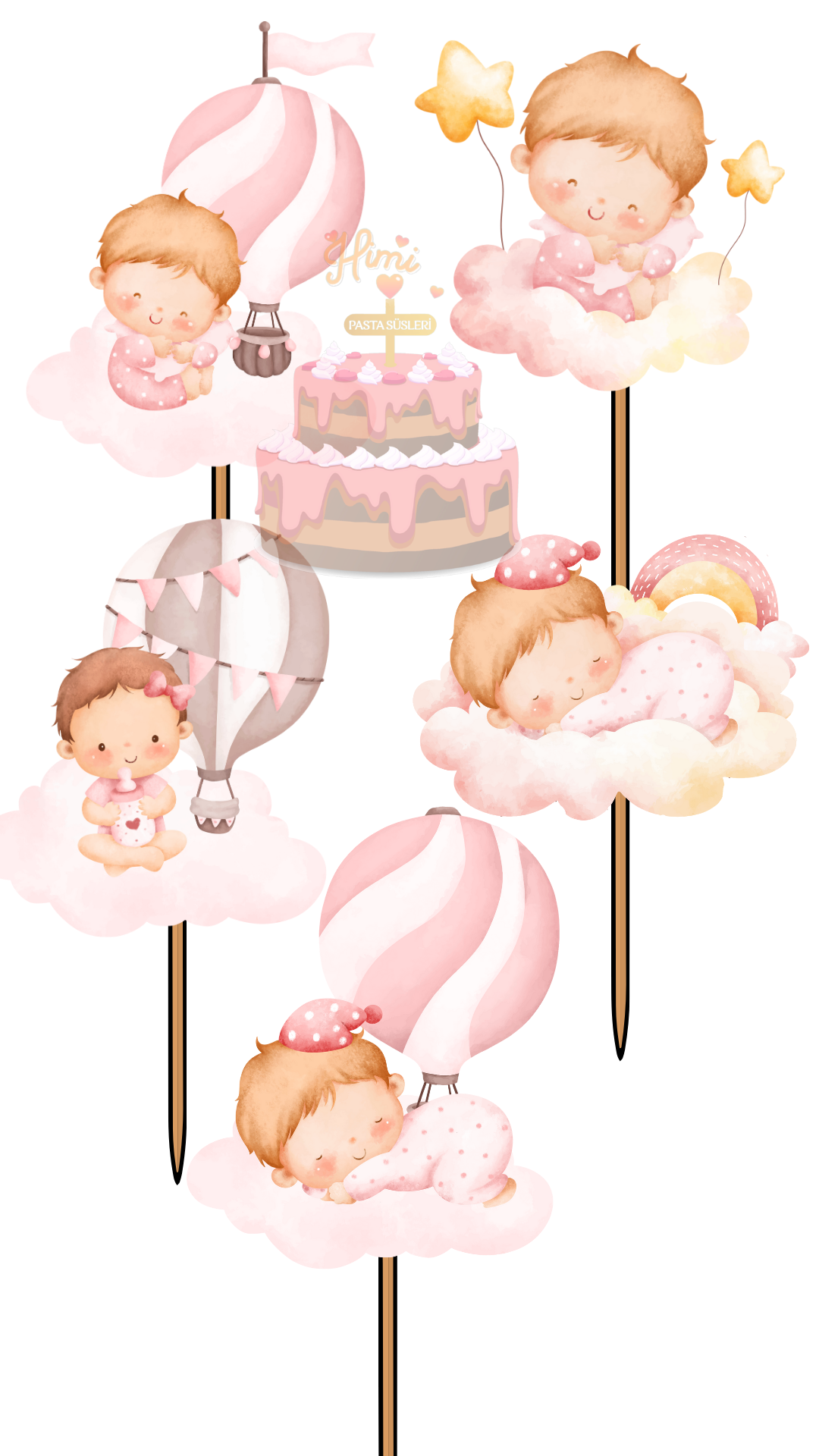 Bulutlardaki Bebek Doğum Günü Pasta Süsleri Kız Erkek Çocuk Maket Pasta Kürdanı Cupcake Kürdan Süsü M70