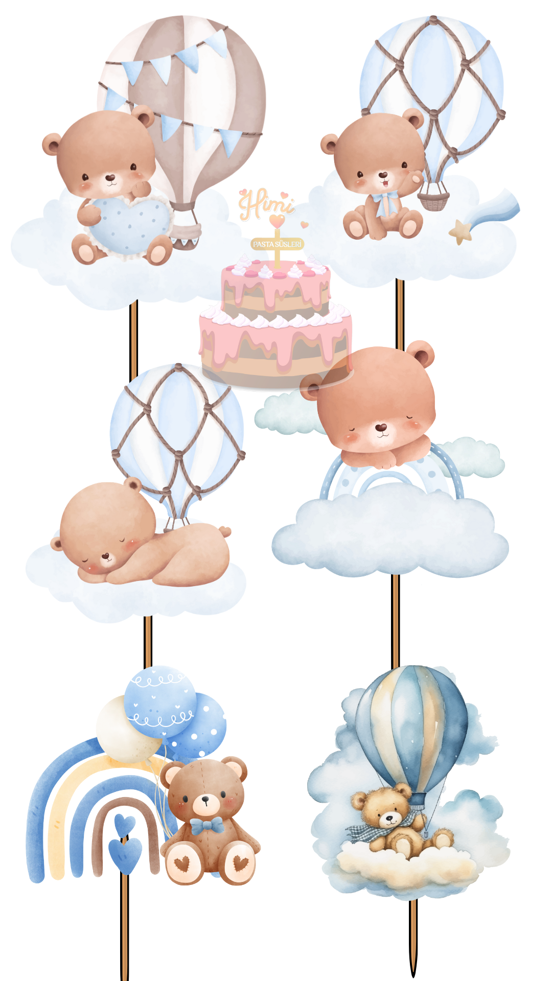 Uçan Balonlu Ayıcık Doğum Günü Pasta Süsleri Kız Erkek Çocuk Maket Pasta Kürdanı Cupcake Kürdan Süsü M65