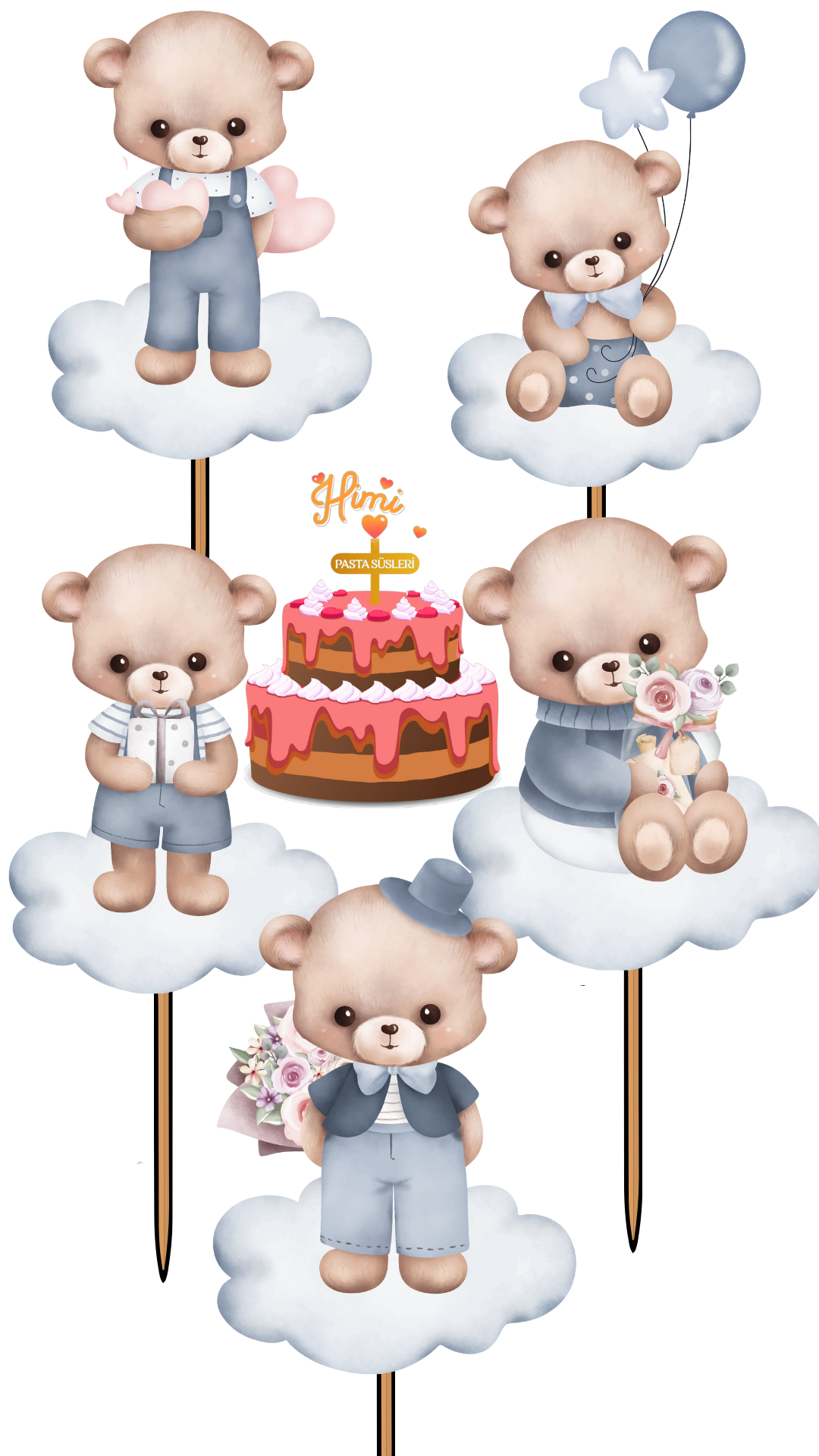 Balonlu Ayıcık Set Doğum Günü Pasta Süsleri Kız Erkek Çocuk Maket Pasta Kürdanı Cupcake Kürdan Süsü M67